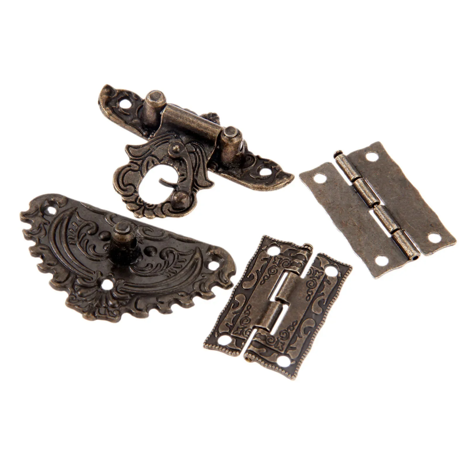 3pcs/set Antique Bronze Padlock Wood Box Latch Hasp+Suitcase Cabinet Hinge Furniture Decorative Hardware Retro