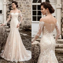 

New Design Mermaid Wedding Dresses Long Sleeves Sheer Sweetheart Court Train Lace Appliques Tulle Bridal Dress Vestidos De Noiva