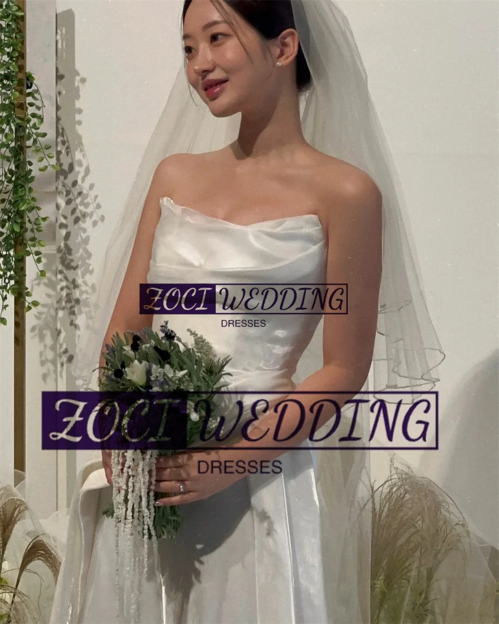 Zoci Elegant Strapless Korea Wedding Dresses Soft Satin Pleats V Neck Photos Shoot Dress Customized Backless Corset Bridal Gown 4