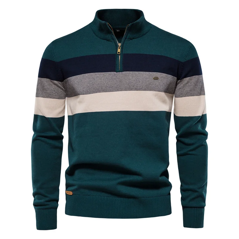 Autumn Winter Men's Knitwear Slim Standing Collar Color Matching Pullover Long Sleeve Bottoming Shirt Casual Zipper Sweater