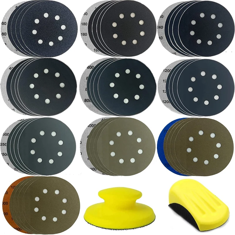 

AT35 50Pcs 8 Hole Sandpaper Sanding Discs Hook And Loop 60/180/240/400/800/1200/2500/4000/7000/10000 Grits With Hand Sander