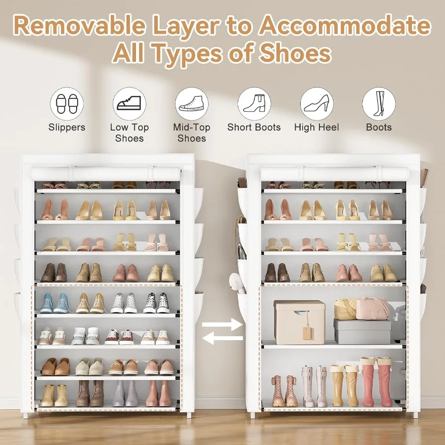 Shoe Rack with Cover 8 Tier Tall Shoe Organizer Storage for 3645 Pair Shoes and Boots Large Shoe Storage Shelf Free Standing Sh