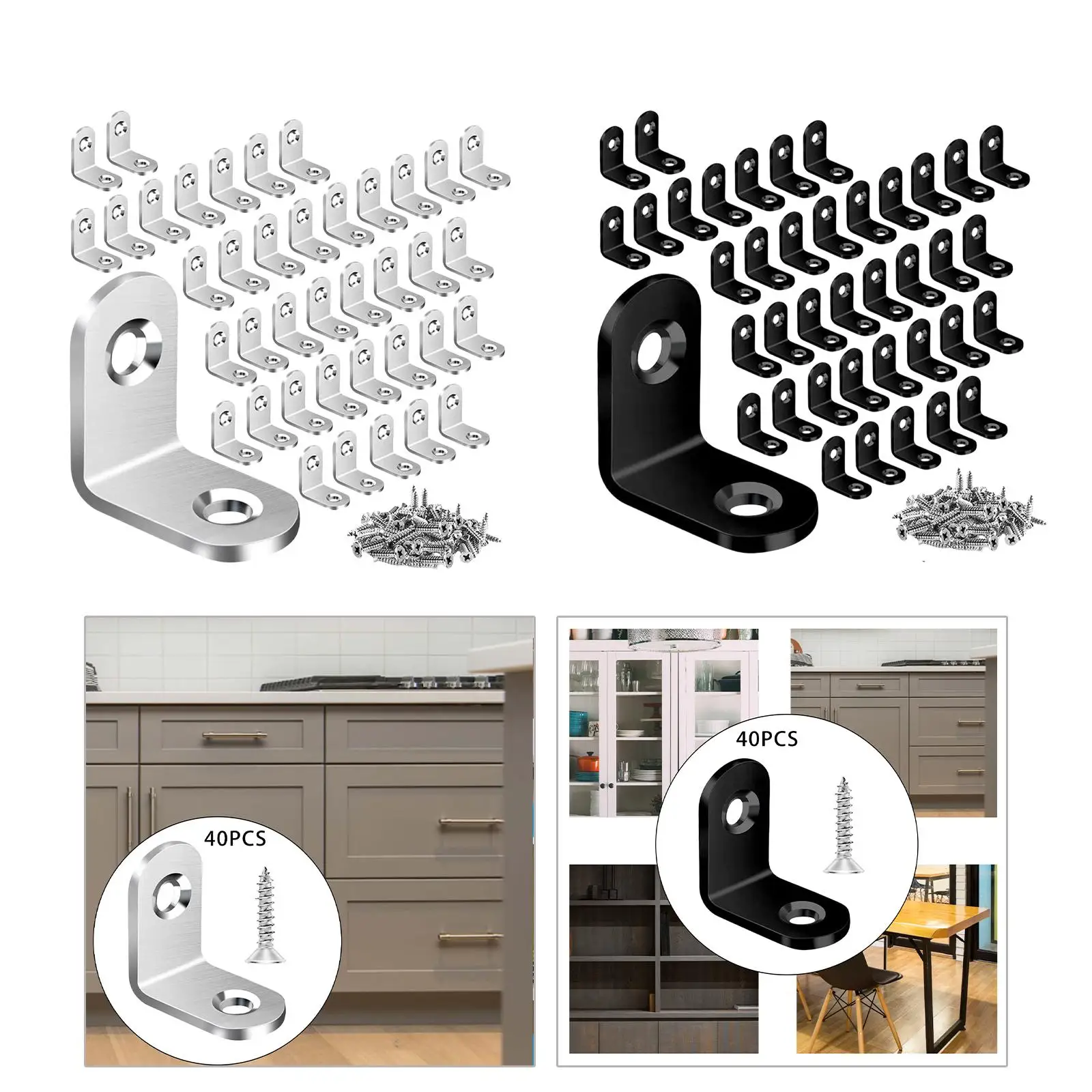 40 Pieces L Bracket, Stainless Steel Corner Bracket with Screws, Angle Bracket Set for Wooden Cabinet Dressers Tables