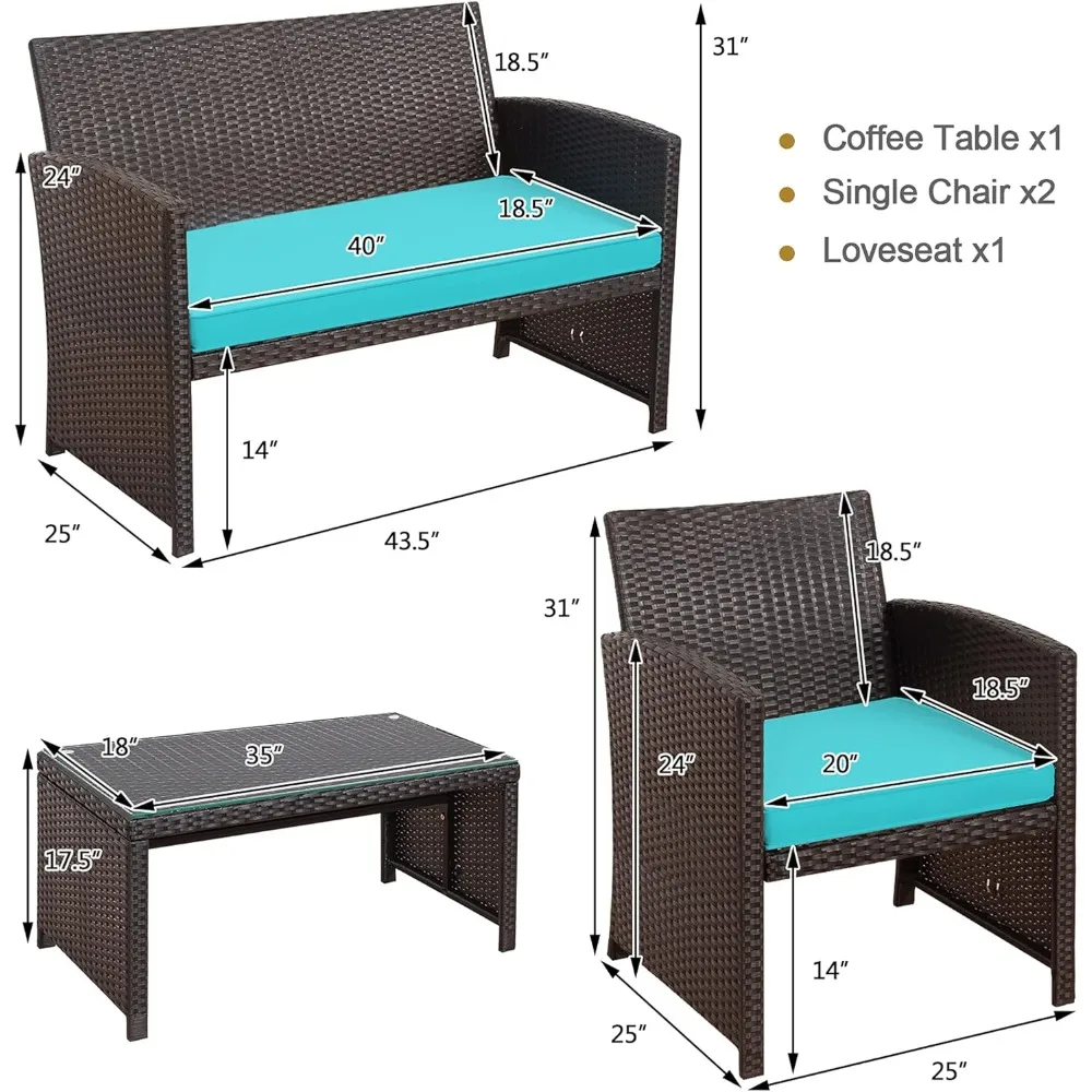 4 Pieces Wicker Patio Furniture Set, Outdoor PE Rattan Conversation Set with Chairs,Loveseat, Coffee Table,Cushions for Poolside 2