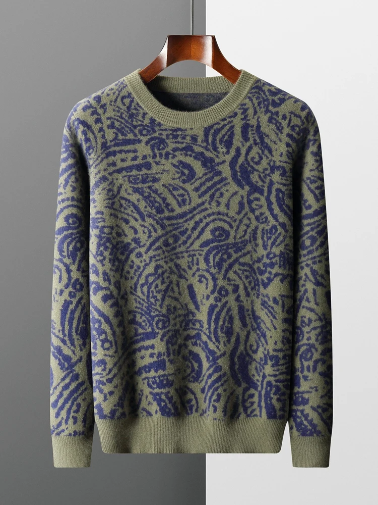 Pull en cachemire jacquard épais à col rond pour hommes, pull à manches longues, haut de loisirs, style national, automne, hiver, 100% laine 1