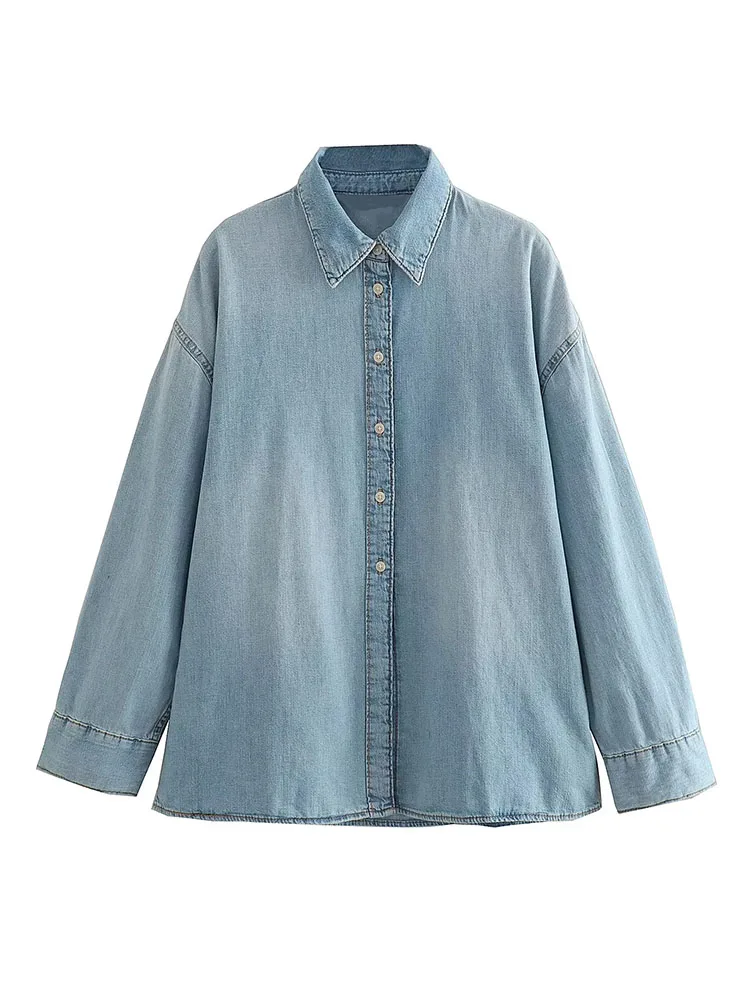 

TRAF 2023 spring and summer new women's fashion all-match denim shirt retro long-sleeved lapel chic top