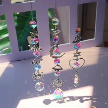 1pc Crystal Wind Chime Moon Sun Catcher Diamond Prisms Pendant Dream Catcher Rainbow Hanging Drop Home Garden Decor Windchime 1