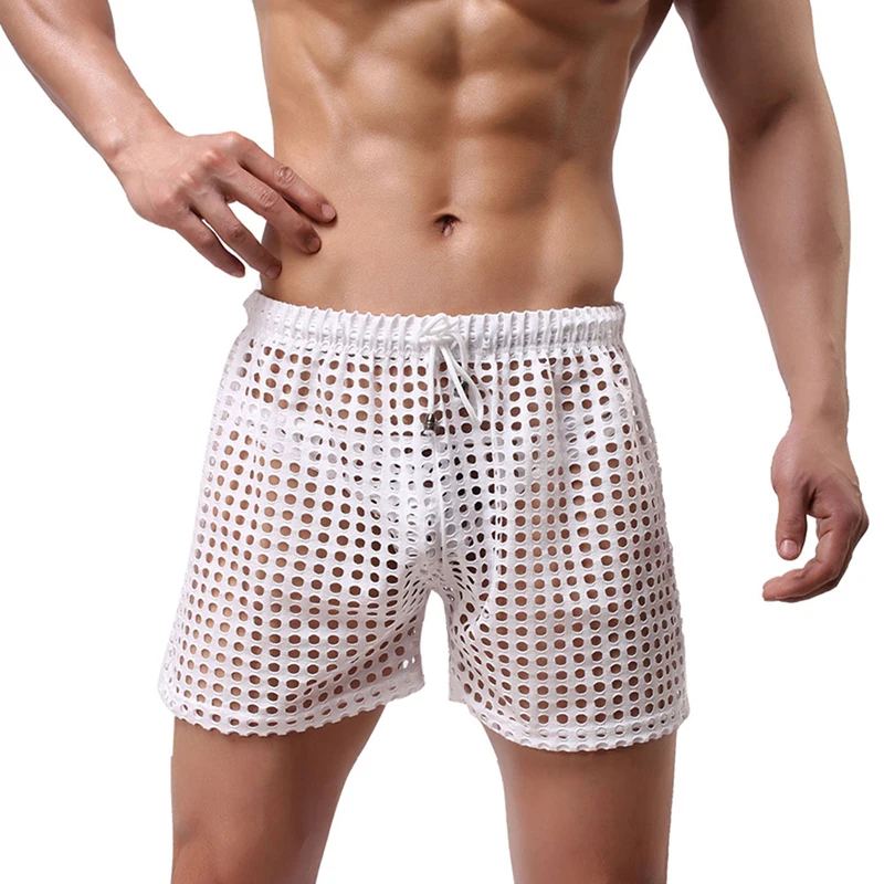 Men's Swimming Trunks Fishnet Casual Shorts Summer Swim Briefs Solid Color Mesh Drawstring Loose Lounge Shorts Swim
