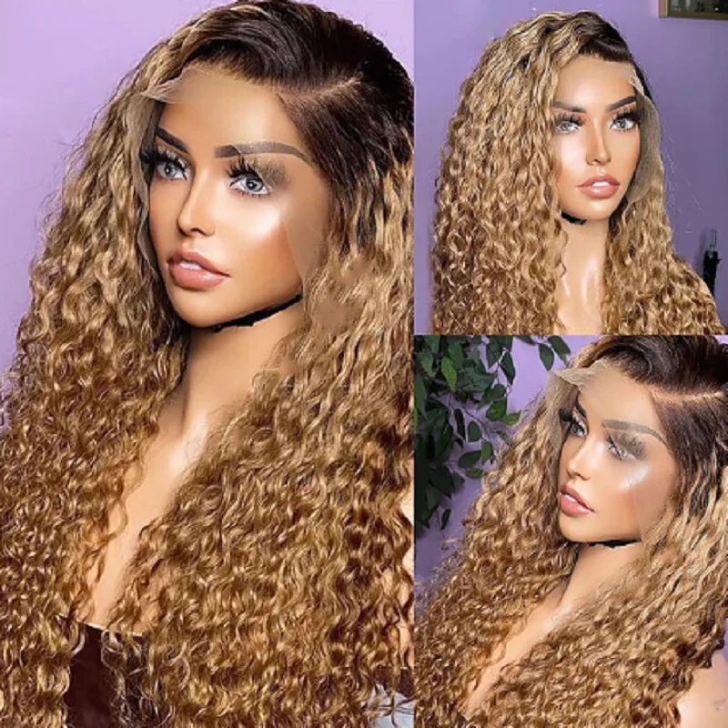 

Long 26 inch 180 Density Ombre Blonde Kinky Curly Lace Front Wigs For African Women Babyhair Daily PrePlucked Deep Part Glueless