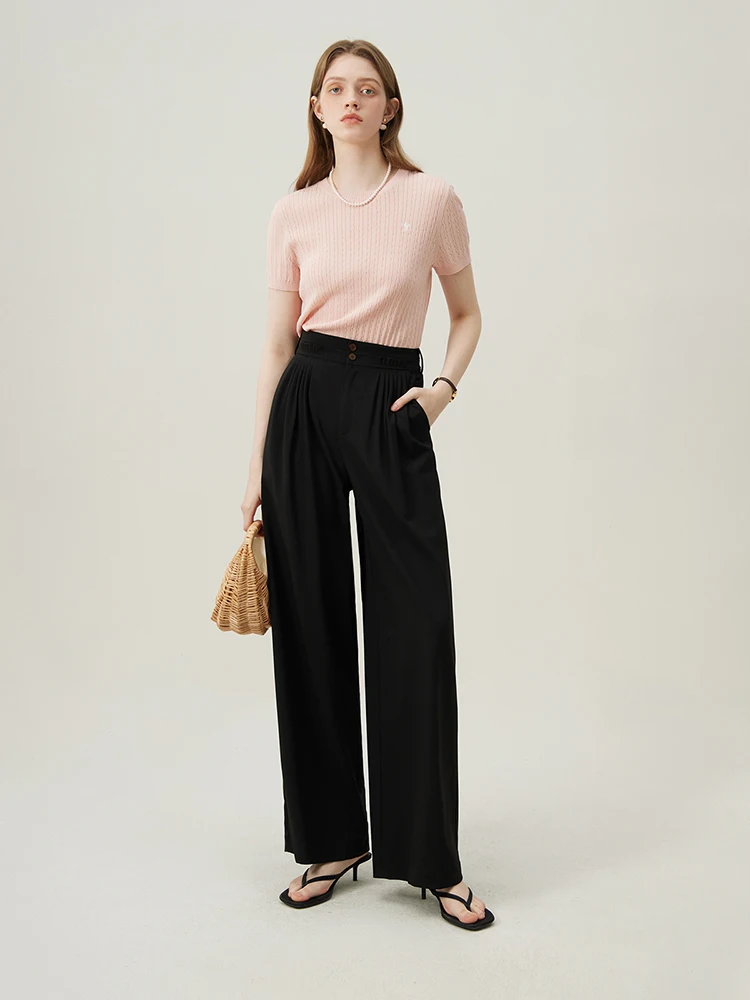 FSLE Double Waisted Pants For Women's 2024 New Summer Slim High Waisted Drape Straight Leg Casual Black Pants 24FS12339