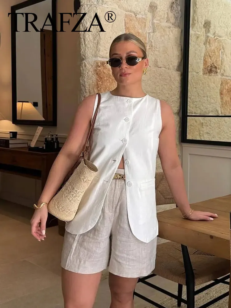 TRAFZA Women Elegant White Vests O Neck Single Breasted Sleeveless Blazer Top 2024 Summer Female Fashion Streetwear Vests TRAF