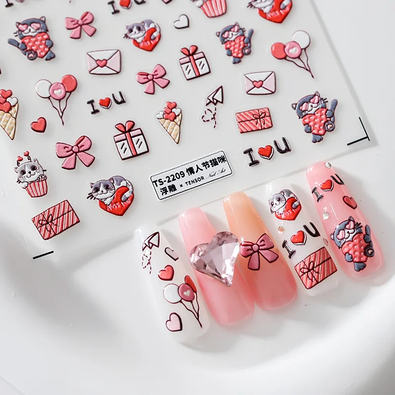 

[Meow.Sensei] Simple Cute Thin Tough Three-Dimensional Nail Stickers Nail Jewelry TS-2208 Valentine's Day Cat