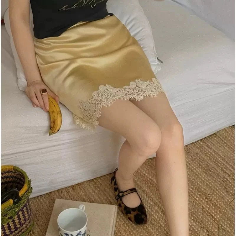 Y2k Women Lace Silk Satin Slip Skirt Low Rise Layered Underskirts A Line Mini Skirts Elegant High Flowy Half Slips Under Dress 5