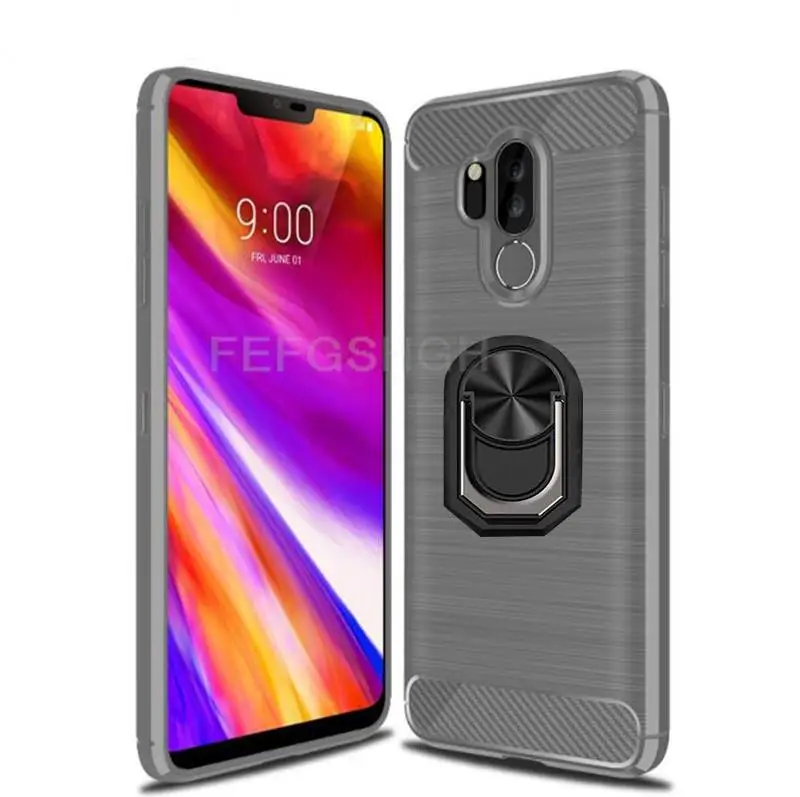 LG G7 ThinQ 용 Capa LG G7 ThinQ G710 G7 + G7 Plus LGG7 자기 링 스탠드 커버 용 브러시 탄소 섬유 소프트 실리콘 케이스