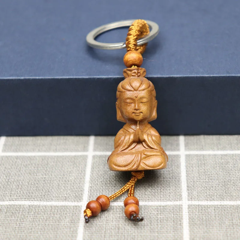 Natürliches Holz Mahagoni Dreidimensionale Gravur Guanyin Barrel Schlüsselanhänger Buddha Schlüsselanhänger Schmuck Geschenk für Männer und Frauen 1 Stück – Detail 8