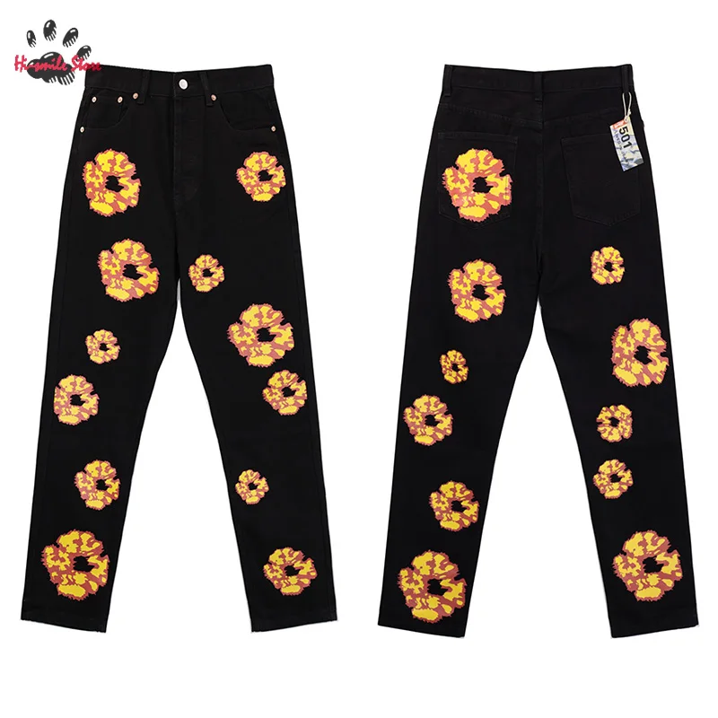 Top Quality 2024 New Hip Hop Streetwear Flame Kapok Pants Men Woman Casual Black Blue Unisex Jeans Trousers