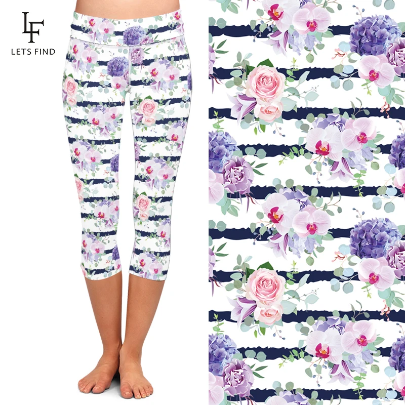 New High Elastic Capri Leggings High Waist Flowers Print  Mid-Calf 3/4 Stretch Women Leggings for Summer