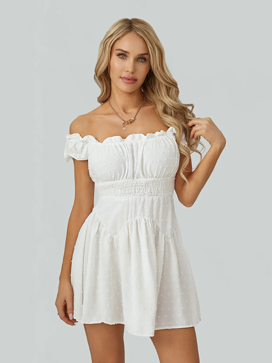 

Женское Повседневное платье-мини с рюшами, белое однотонное платье-трапеция с вырезом лодочкой, открытыми плечами и пышными рукавами, уличная одежда Y2k на лето