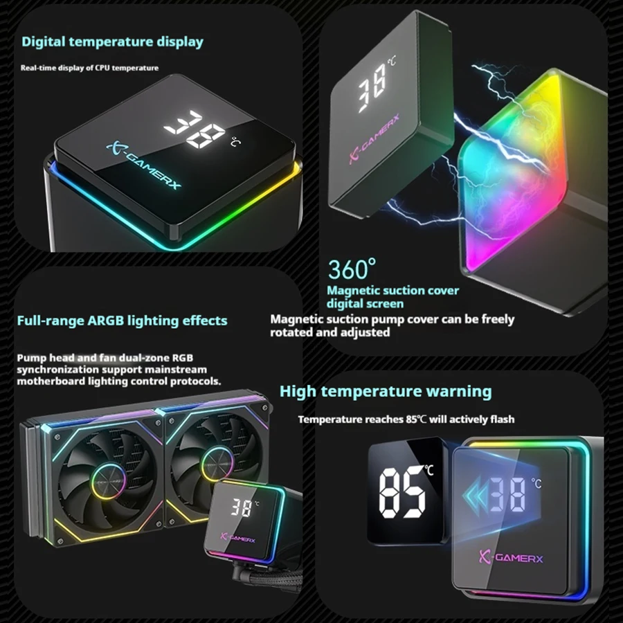 X-GAMERX POWER TRAIN M240 Water Cooler 240mm Global ARGB Light Effects 360° Magnetic Cover Digital Display Screen AIO CPU Cooler - Image 3