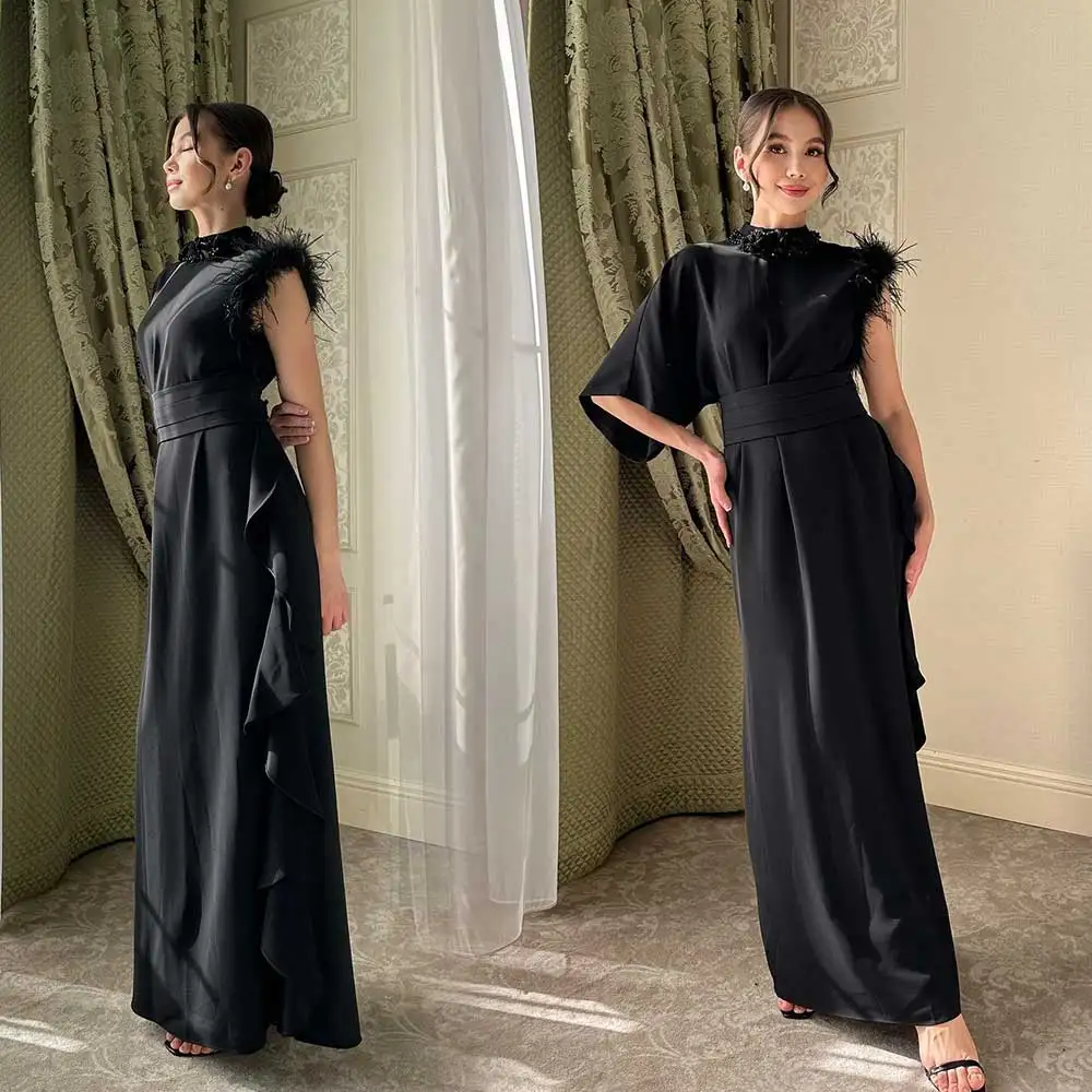 

Jersey Evening Gown Applique Crew-Neck Single-Shoulder With Feather Draped Women’s Floor Length es فساتين سهرة فخمه es