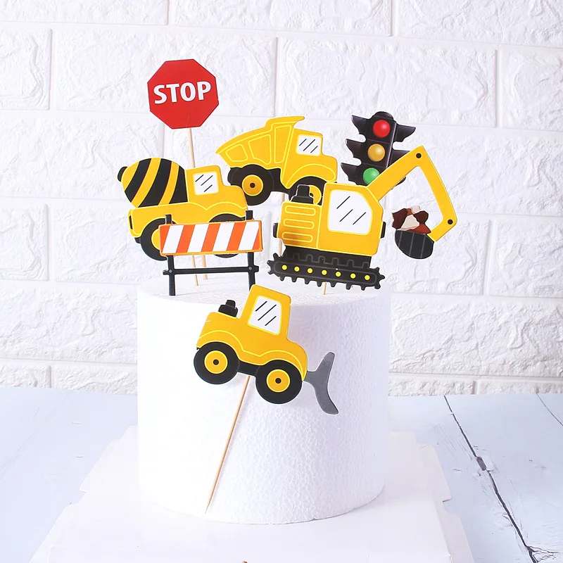 Cake Topper Plane Excavator Bulldozer Truck DIY Cake Cupcake Toppers Men Happy Birthday Party Traffic Light Dessert Decor Flags