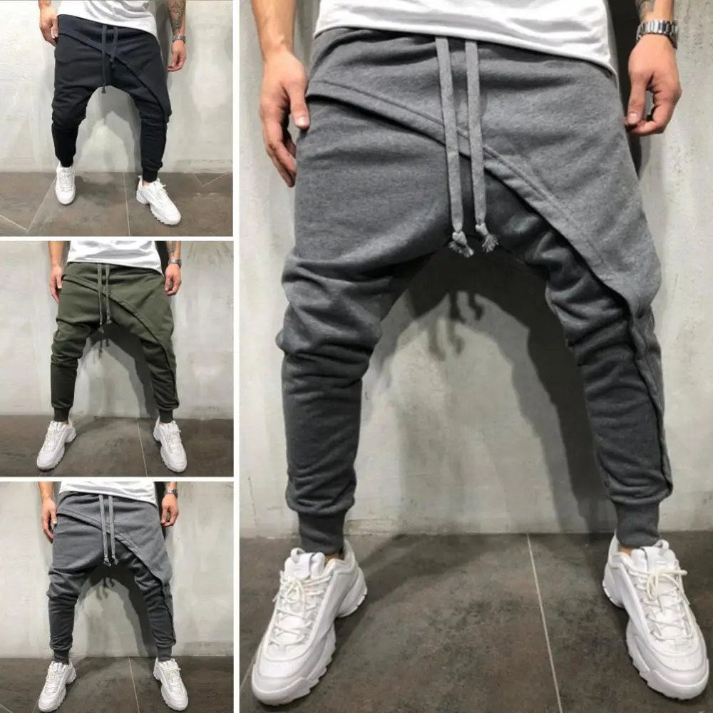 

Pants Solid Color Men Pant Long Drawstring Sporty Asymmetric Double Layer Running Pants