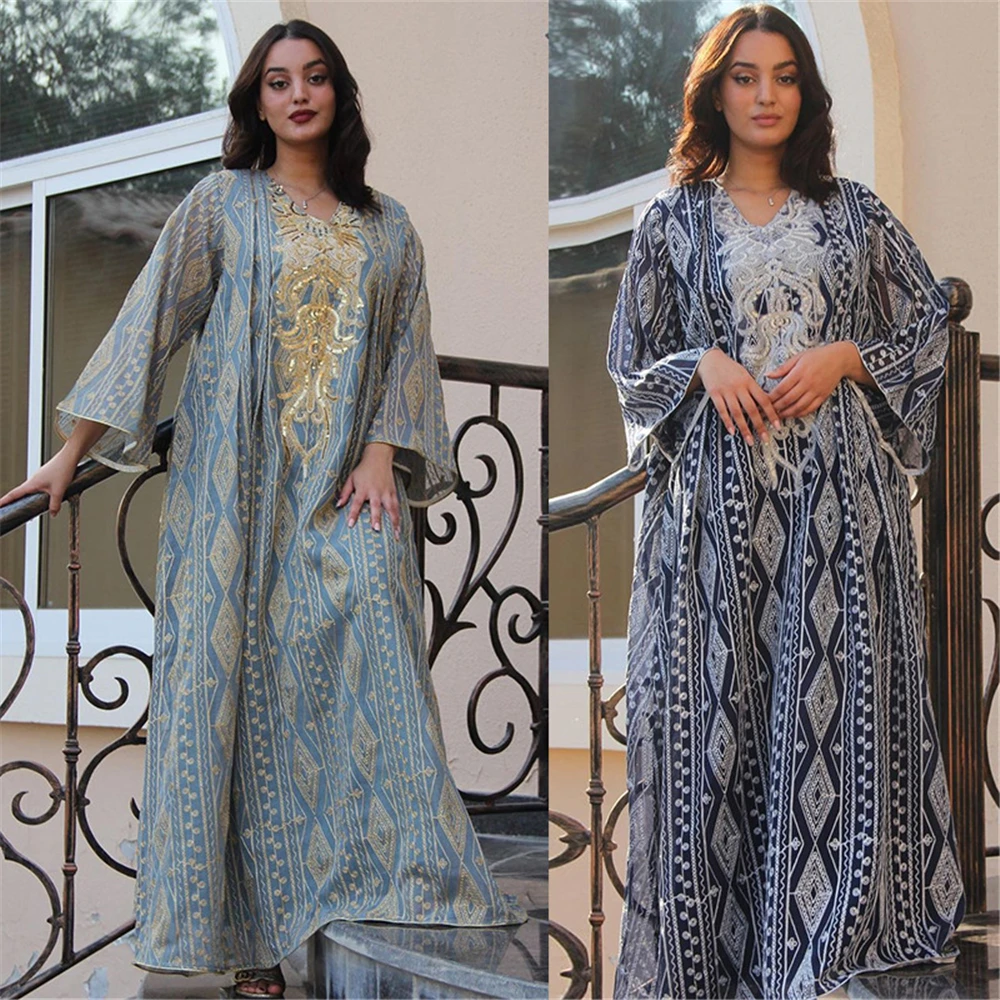 

2023 Sequins Embroidery Dubai Abaya Muslim Women Long Maxi Dress Turkey Eid Ramadan Evening Party Kaftan Jalabiya Gowns Clothing