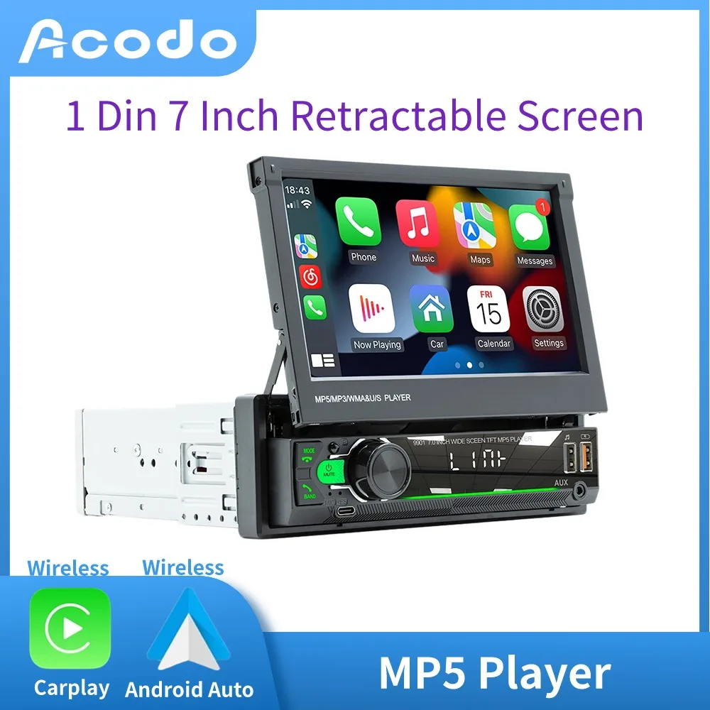 

ACODO 1Din Retractable Screen 7 Inch HD Wireless CarPlay Android Auto Video Multimedia MP5 Player Mirror Link Car BT FM USB AUX