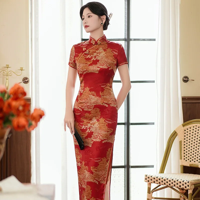 

Yourqipao Summer Long Cheongsam Satin Dress Retro Self-cultivation Fashion Banquet Costume Chinese Style Evening Qipao for Women