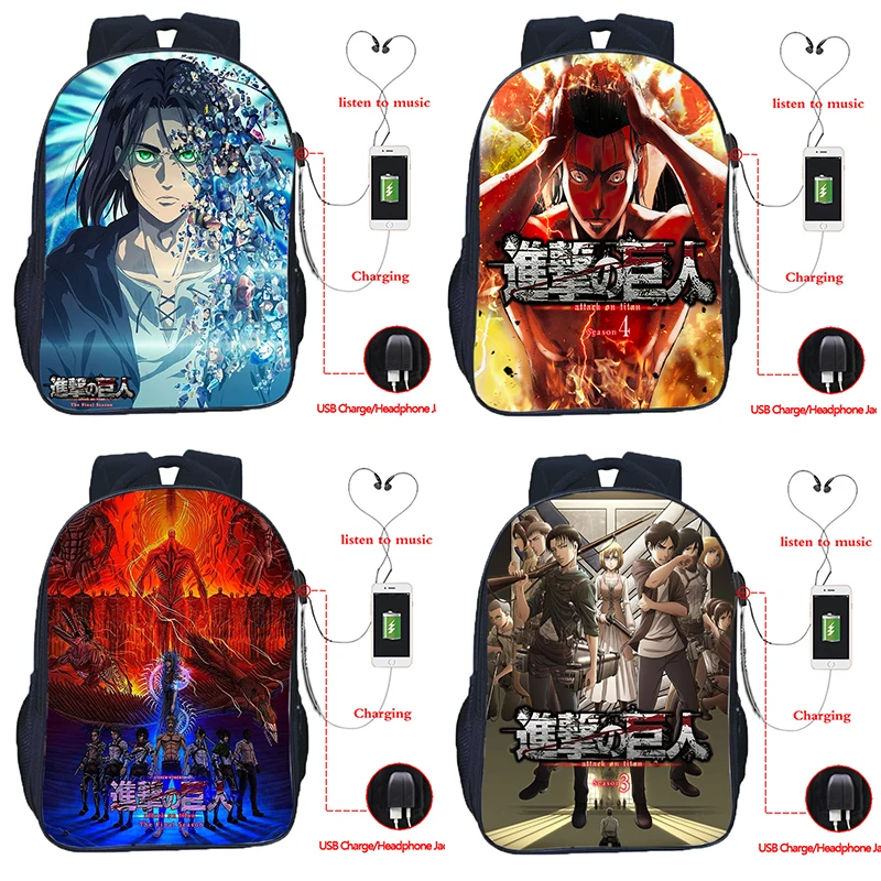 Attack on Titan 4 School Bags Anime Levi Mikasa Boys Girls Backpack USB Charging Teenagers Bookbag Shoulder Mochila