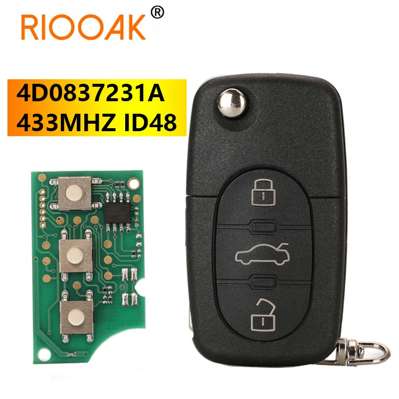 4D0837231A 433MHZ ID48 Chip 3 Buttons Remote Control Old Model Folding Car Key For AUDI A3 A4 A6 A8 B5 TT RS4 4d0837231a 433mhz id48 chip 3 buttons remote control old model folding car key for audi a3 a4 a6 a8 b5 tt rs4