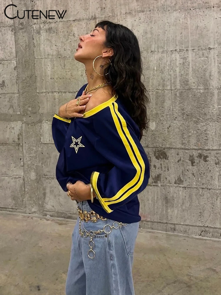 Football Track Women T-shirts Autumn Printed Striped Long Sleeve V-neck Oversized Tops Female Active Casual Streetwear