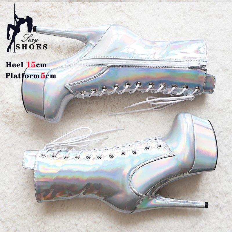 Sexy Fetish Silvery Boot Women 15CM High Heels Zip Ankle Boots Lace-up Knight Catwalk Platform Strippers Shoes WESTERN Boots