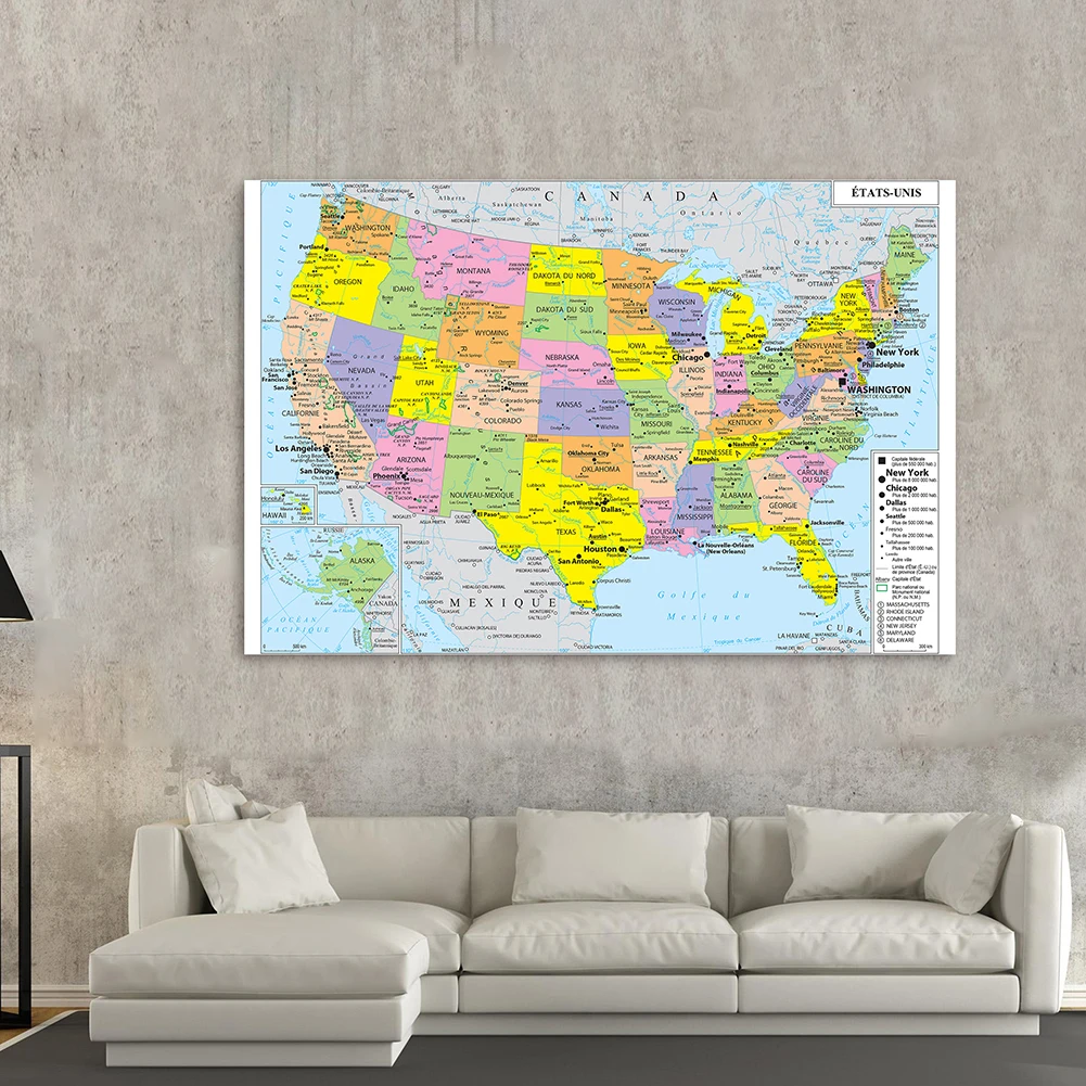 World Map Poster The United States Map America Map Wall Poster Non-woven Canvas Painting School Supplies Home Decoration in French 150*100cm