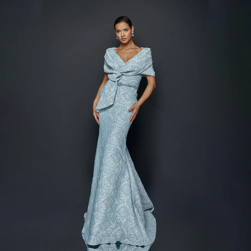 

Elegant V-Neck Pleat Mother of the Bride Dress Beading Tight trailing Evening Dress Ruffles Prom Shawl Dress Customize
