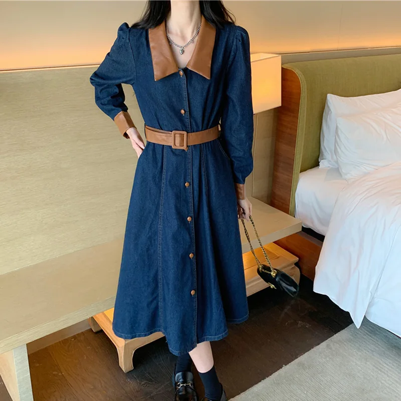 

Vintage For Women Elegant Denim Dress Female 2023 Autumn Fashion Leather Splicing Single Breasted Casual Belt A-Line Midi Dress