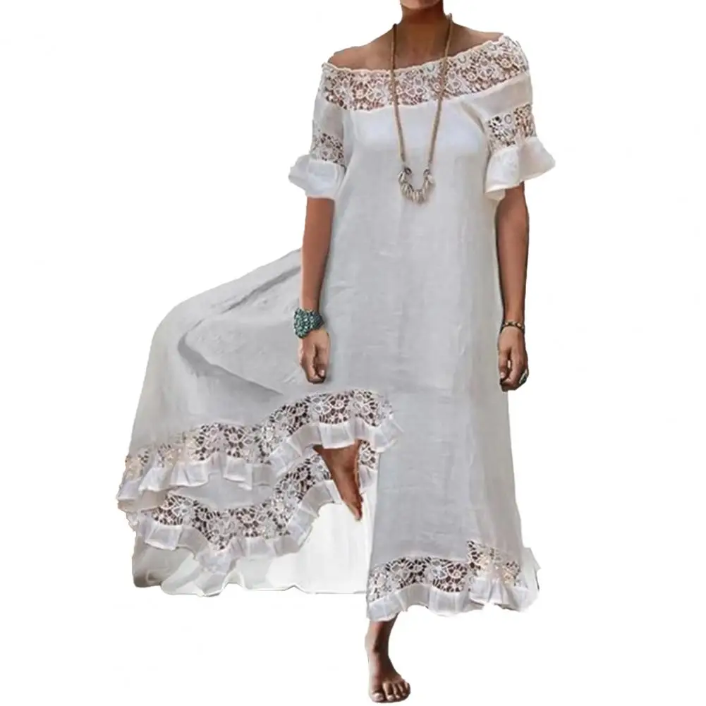 

Women Jumpsuit Diagonal Collar Flounce Half Sleeves Floral Lace Splicing Loose Wide Legs Pants Long Romper