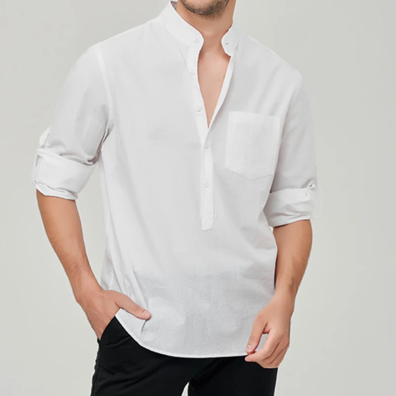 100% Cotton Linen Men's Long-Sleeved Shirts Summer Solid Color Stand-Up ...