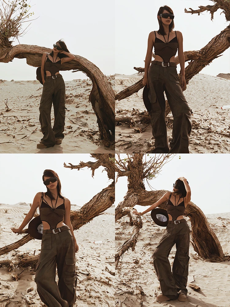 Designer Retro American Hot Girl Style Suede Overalls Straight-Leg Pants Trendy High Street Waste Style Women's Trousers Pants