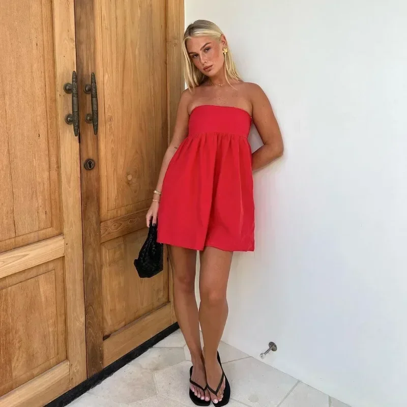 Elegant Solid Strapless Dress Women's Sleeveless Beach Vacation Short Dress Splice Off Shoulder Loose High Waist Clothing 4