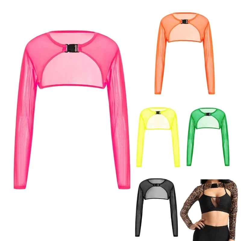 

Women Mesh See Through Long Sleeve T-Shirts Rave Party Crop Top Buckle Open Front Sheer Shrug Cover Up Jackets Clubwear Dropship