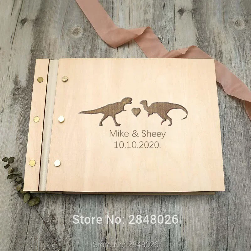 Rustic engraved Dinosaur Love wedding guestbook,wooden Wedding Memory guest book, personalized sign in album