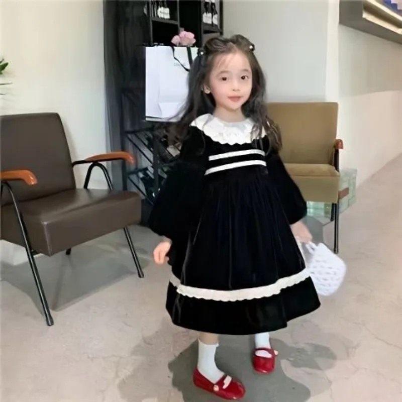 

French court style dress, new lace trim, golden princess, velvet dress, female treasure little black dress
