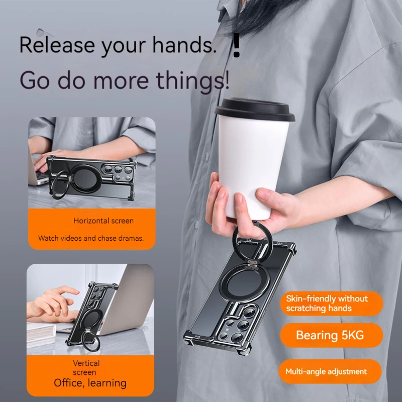 Magnetic Metal Bracket Phone Case with Aluminum Alloy Frame and Finger Ring