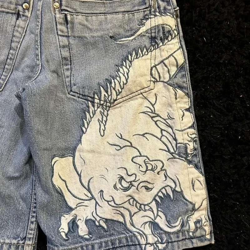 Funny gothic pattern design 2000s versatile summer denim shorts for men 2024 new vintage jnco fashionable hip-hop y2k baggy pant