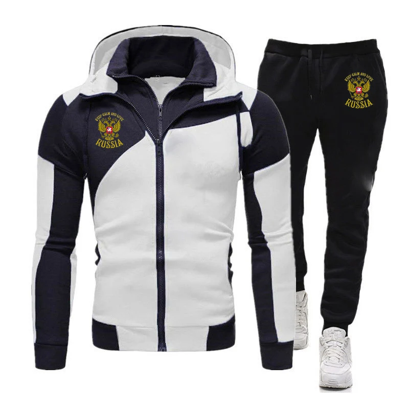 Russian badge Golden Eagle printing 2023 men's diagonal zipper suit hooded coat+trousers autumn sports suit casual sportswear su