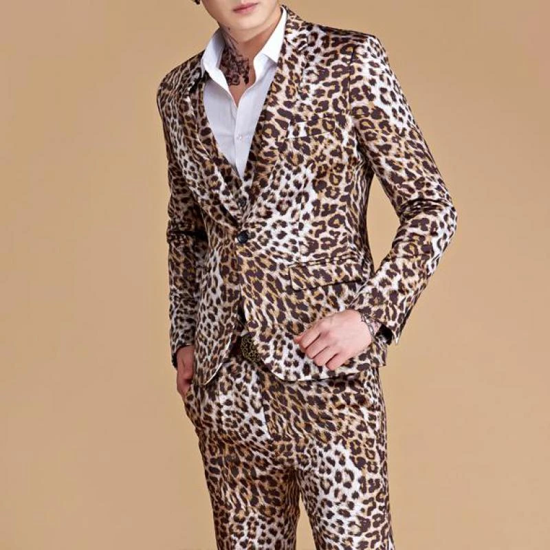 Mens Leopard Printed Suits Party Wear Social Night Club Outfit Korean
