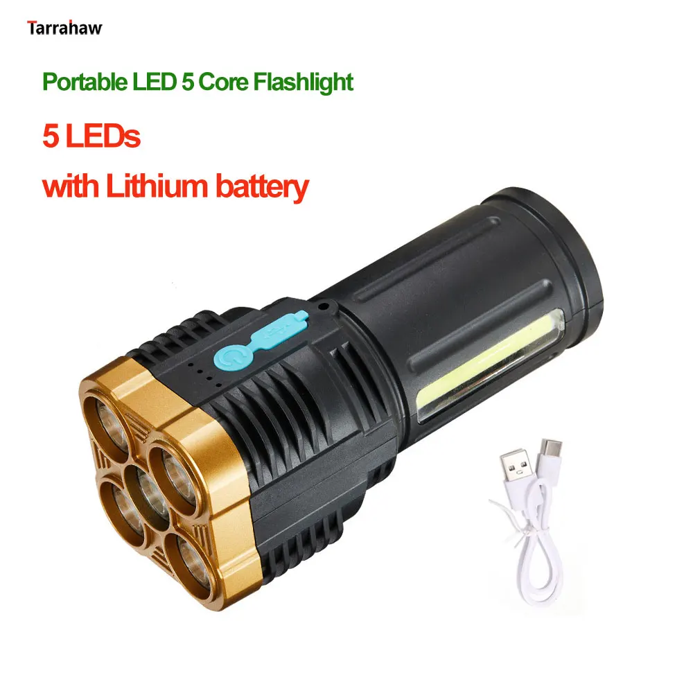 Portable LED 5 Core Flashlight USB Rechargeable Camping Working Light COB Lamp Built in Battery Multifunction Lantern