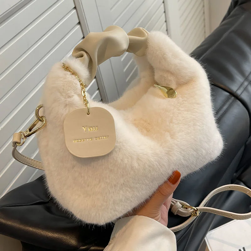 

Women Faux Fur Handbags Zipper Small Lady Shoulder Crossbody Bag Casual Tote Half-Moon Hobos Winder
