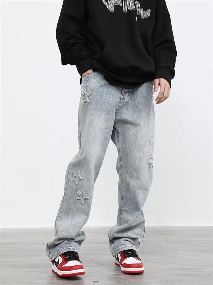 Light Blue Jeans Men Y2K Solid Color Embroidered Straight-leg Pants Button Pocket Washed Trousers A160